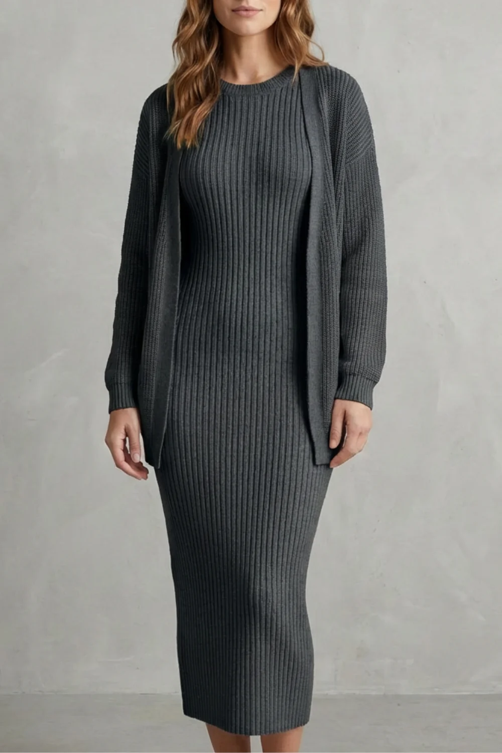 Aurelia – Ribbed Knit Sweater Dress Set – 2-Piece Slim-Fit Cardigan Ensemble - Image 27