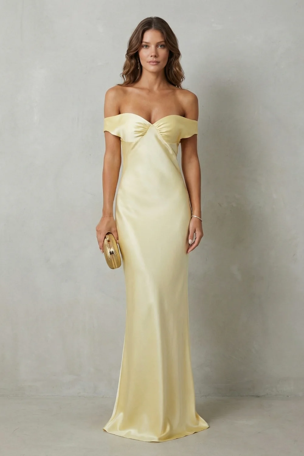 Auréliane – Golden hour elegance – Off-shoulder satin evening gown - Image 2