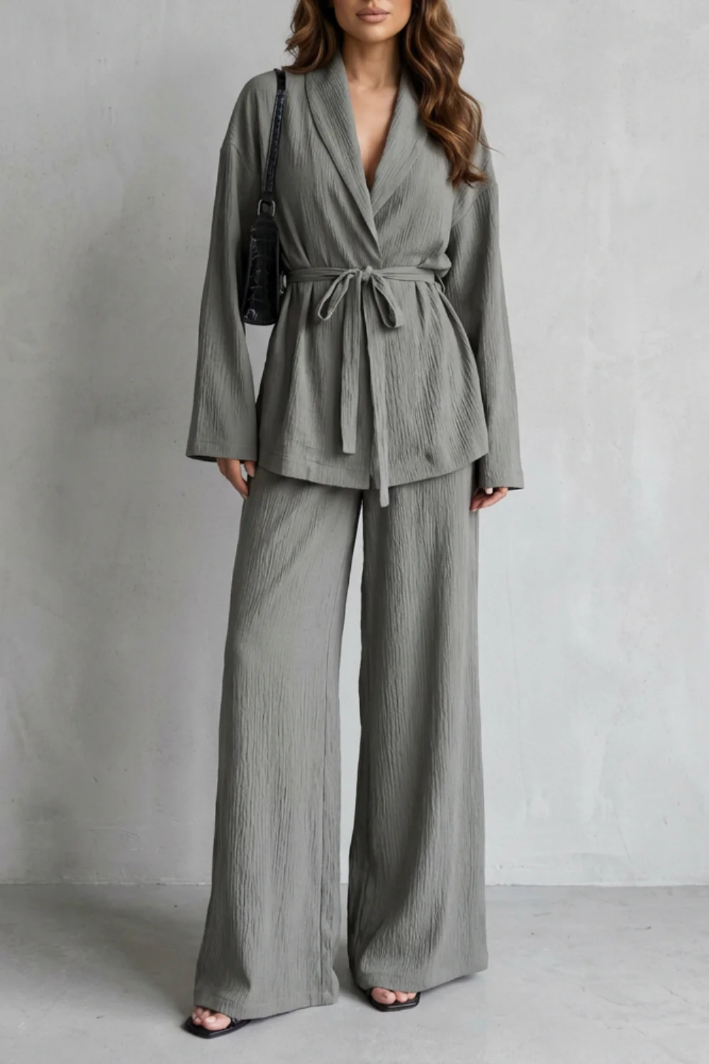 Calissa – V-Neck Belted Set – Elegant Wide-Leg Pants Ensemble