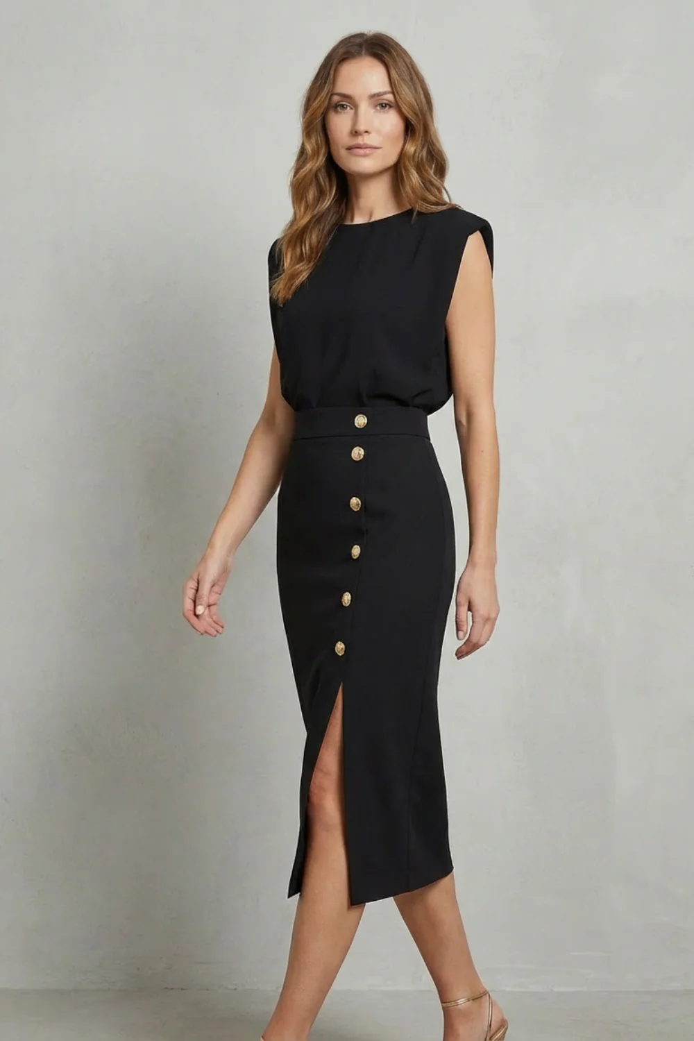 Camille – Royal Chic Sleeveless Button Detail Midi Dress – Summer Elegance - Image 3