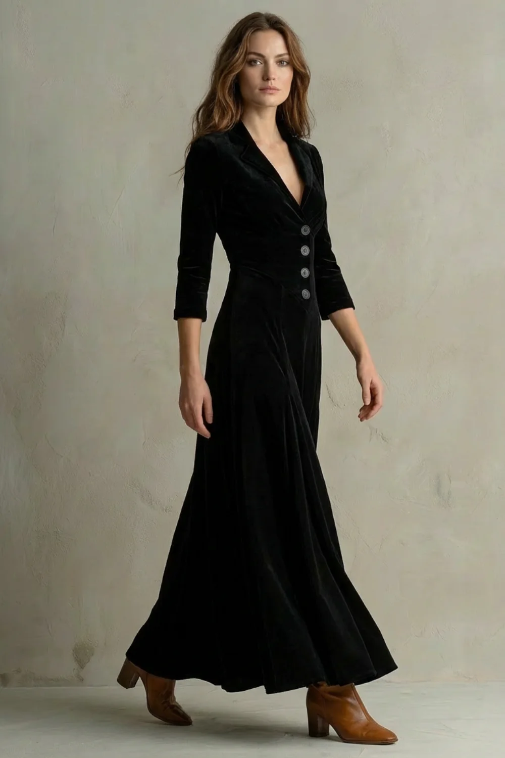 Celeste – Vintage Velvet Long Dress – Elegant Buttoned Swing Skirt with Lapel Detail - Image 3