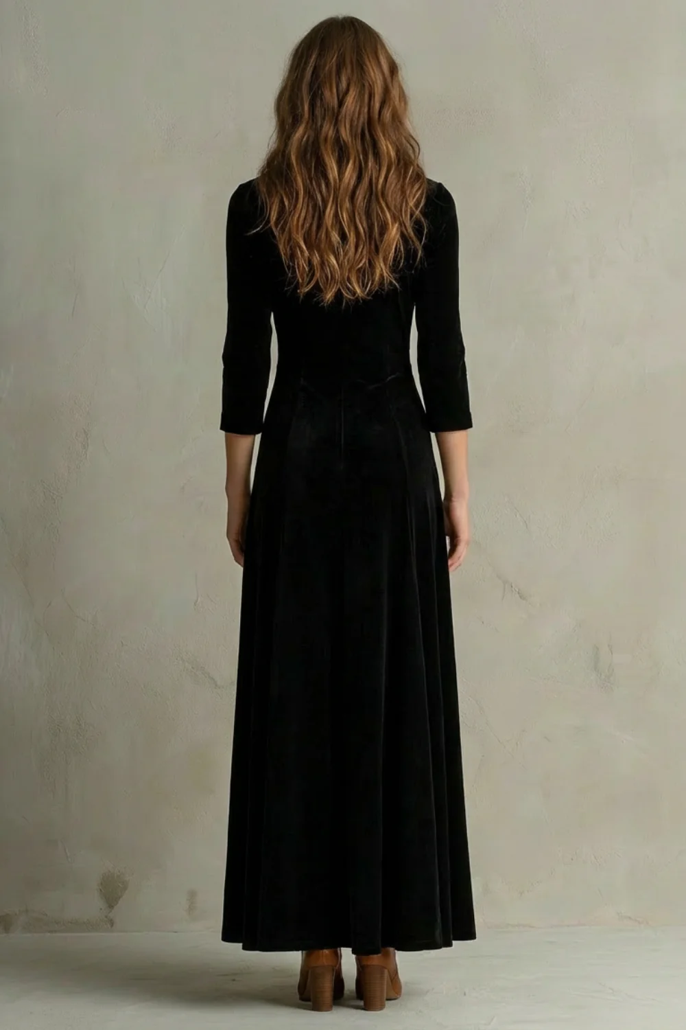 Celeste – Vintage Velvet Long Dress – Elegant Buttoned Swing Skirt with Lapel Detail - Image 4