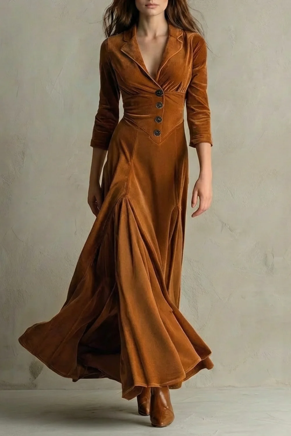 Celeste – Vintage Velvet Long Dress – Elegant Buttoned Swing Skirt with Lapel Detail - Image 5