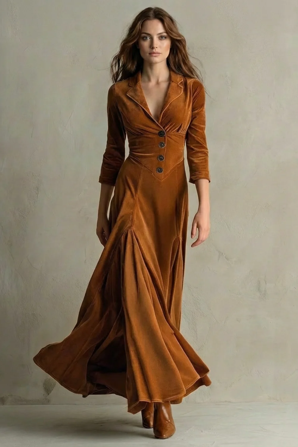 Celeste – Vintage Velvet Long Dress – Elegant Buttoned Swing Skirt with Lapel Detail - Image 6
