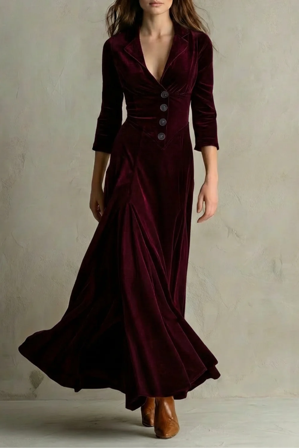 Celeste – Vintage Velvet Long Dress – Elegant Buttoned Swing Skirt with Lapel Detail - Image 7