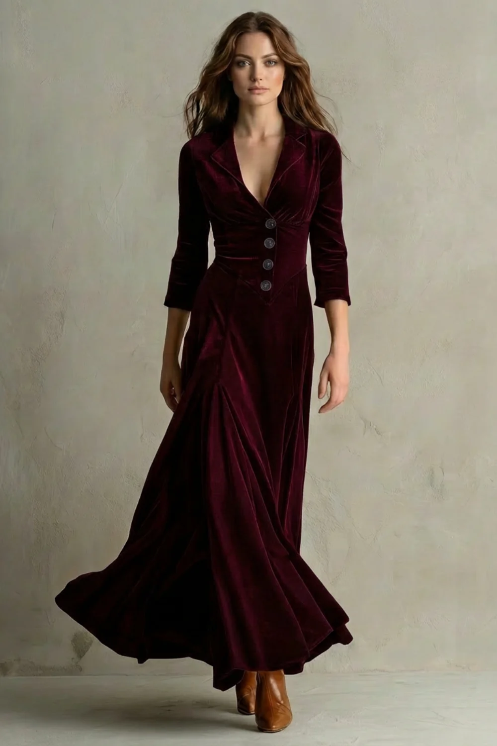 Celeste – Vintage Velvet Long Dress – Elegant Buttoned Swing Skirt with Lapel Detail - Image 8
