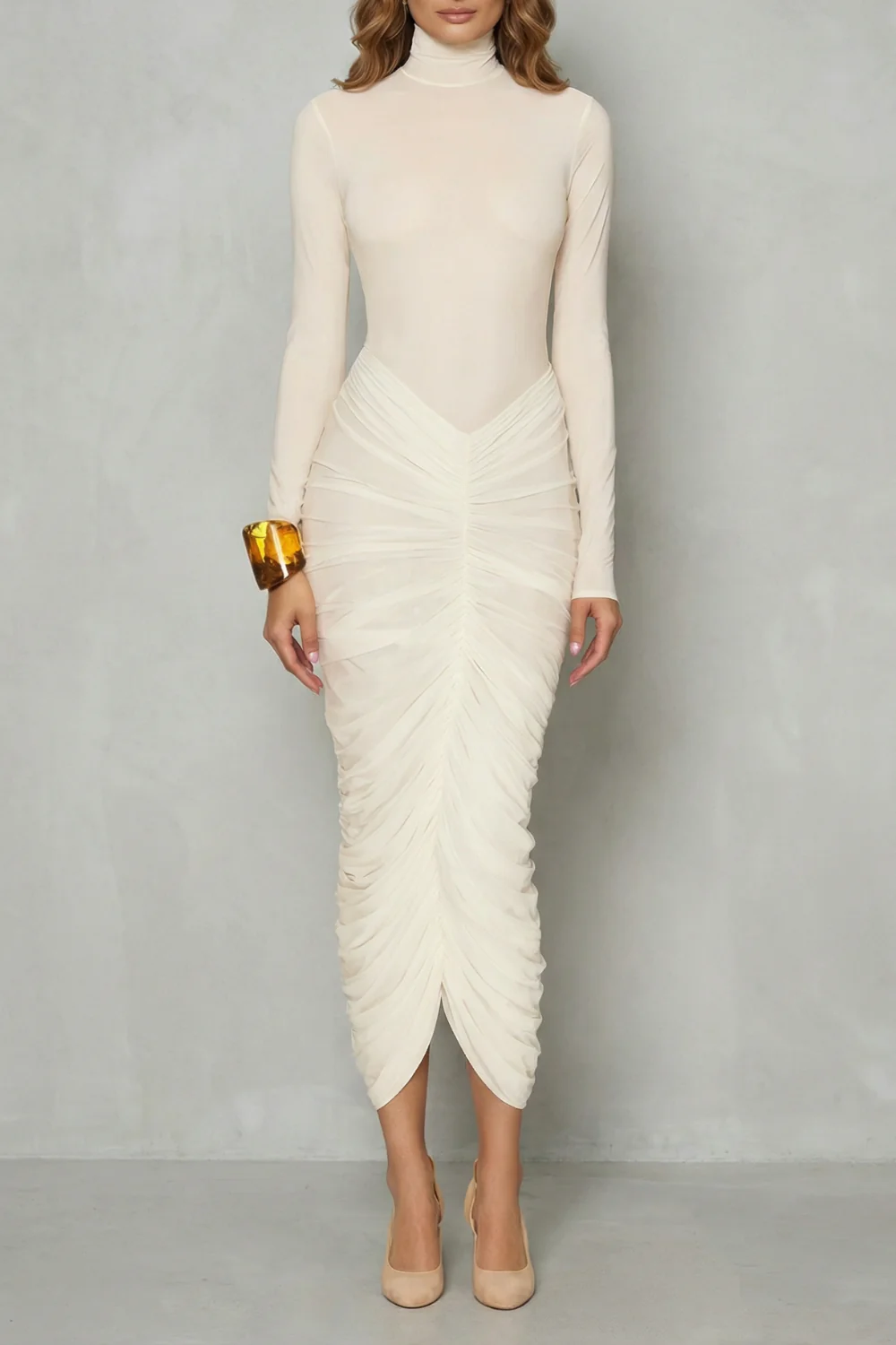 Dahlia – Sculpted elegance – Women’s High Neck Ruched Midi Dress