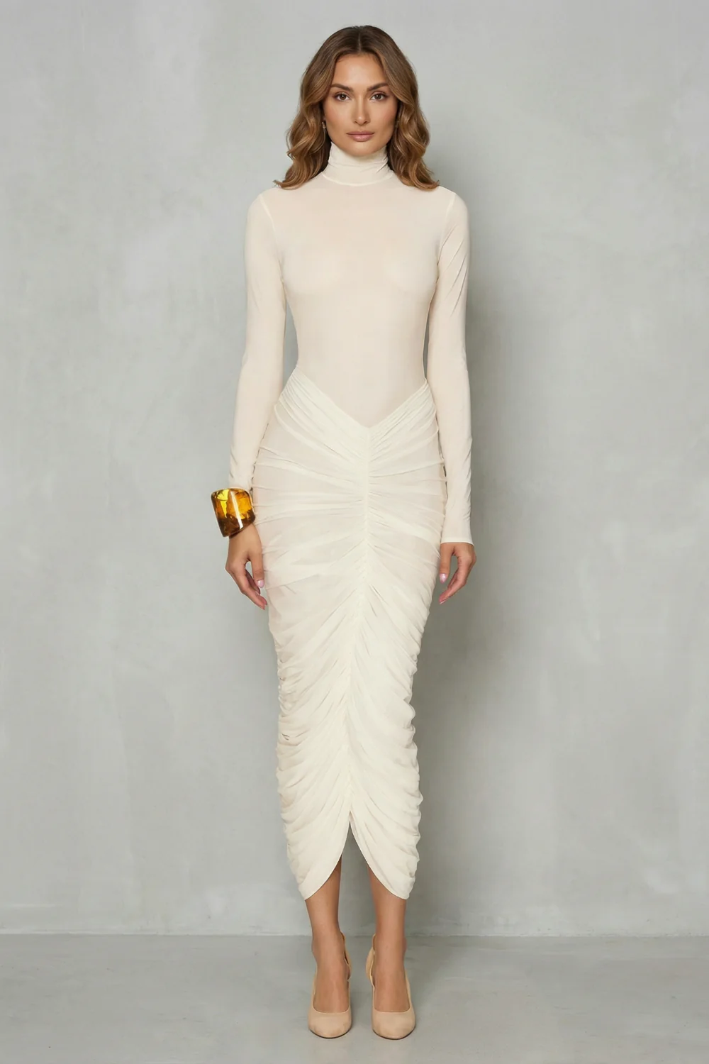 Dahlia – Sculpted elegance – Women’s High Neck Ruched Midi Dress - Image 2