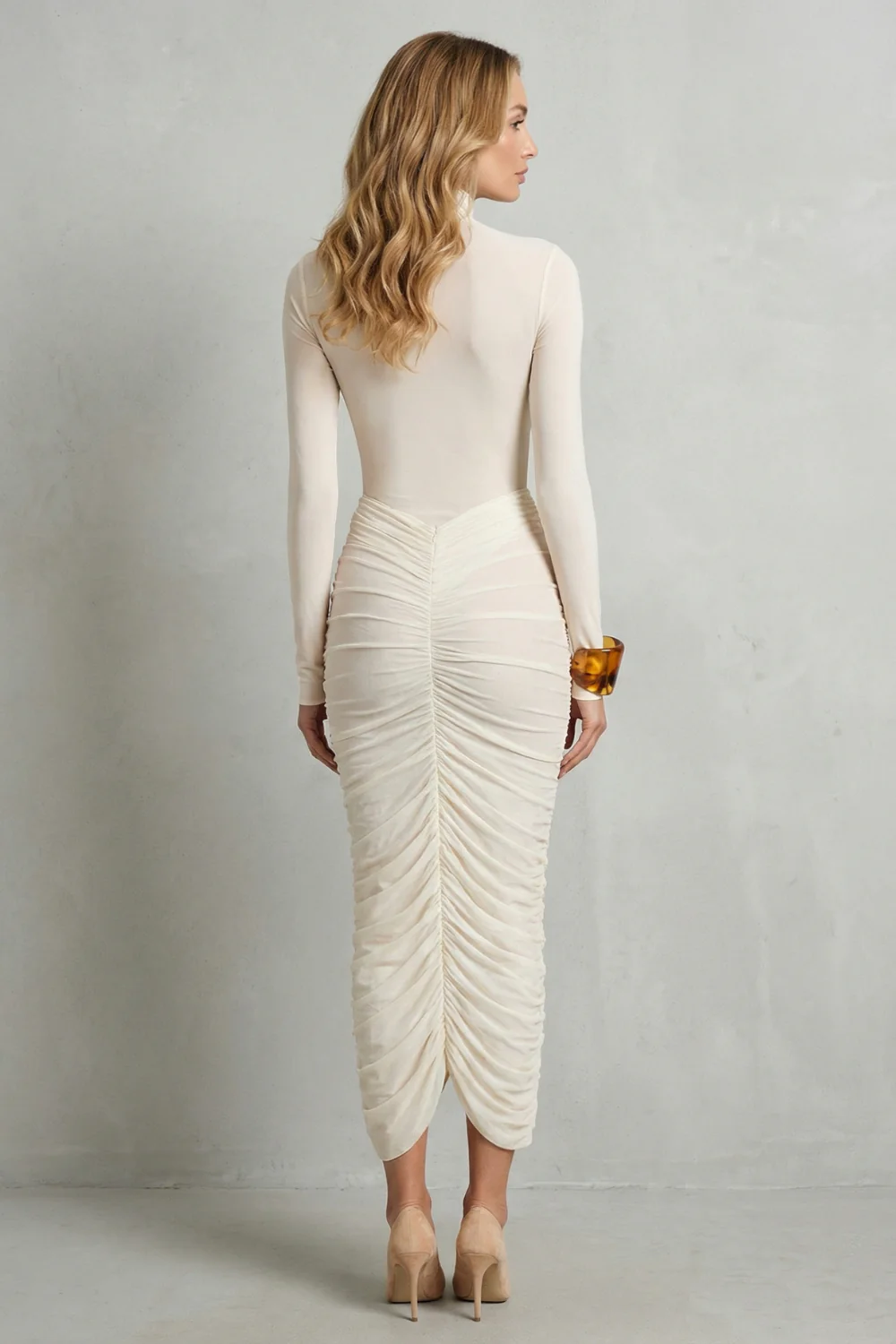 Dahlia – Sculpted elegance – Women’s High Neck Ruched Midi Dress - Image 4