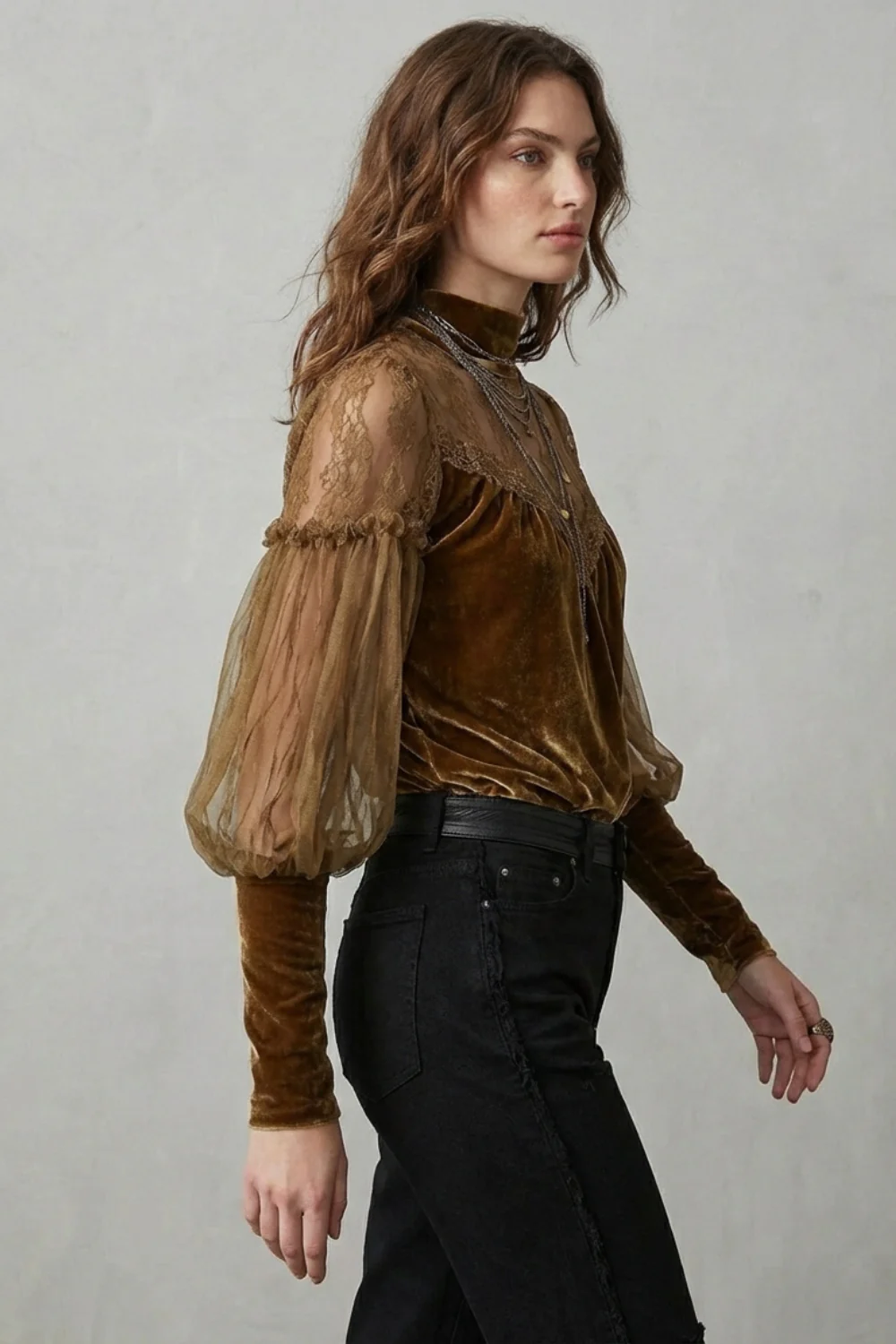 Elayssia – Sheer lace detail – Velvet turtleneck blouse - Image 3