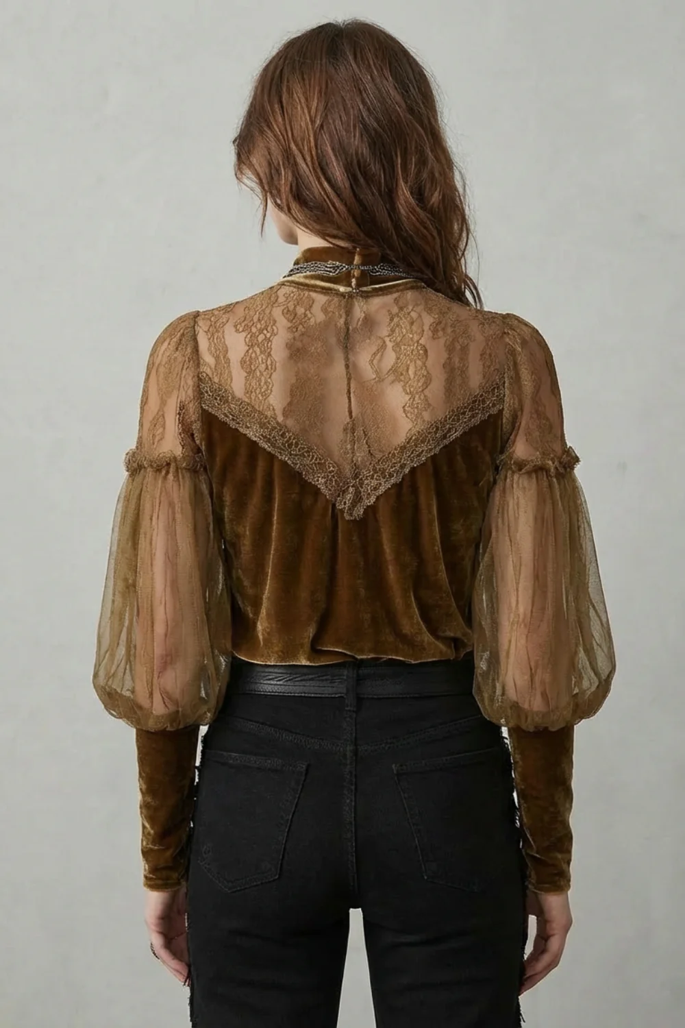 Elayssia – Sheer lace detail – Velvet turtleneck blouse - Image 4