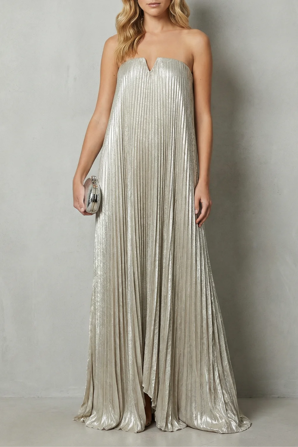 Élodie – Luminous pleated flow – Strapless metallic gown