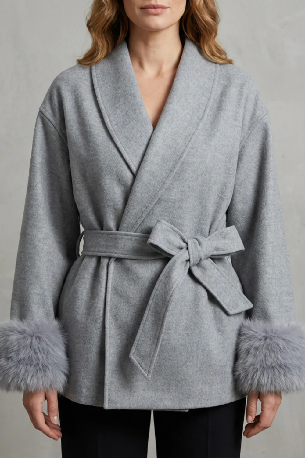 Elodie – Luxe Woolen Coat with Faux Fur Cuffs & Belted Wrap Design