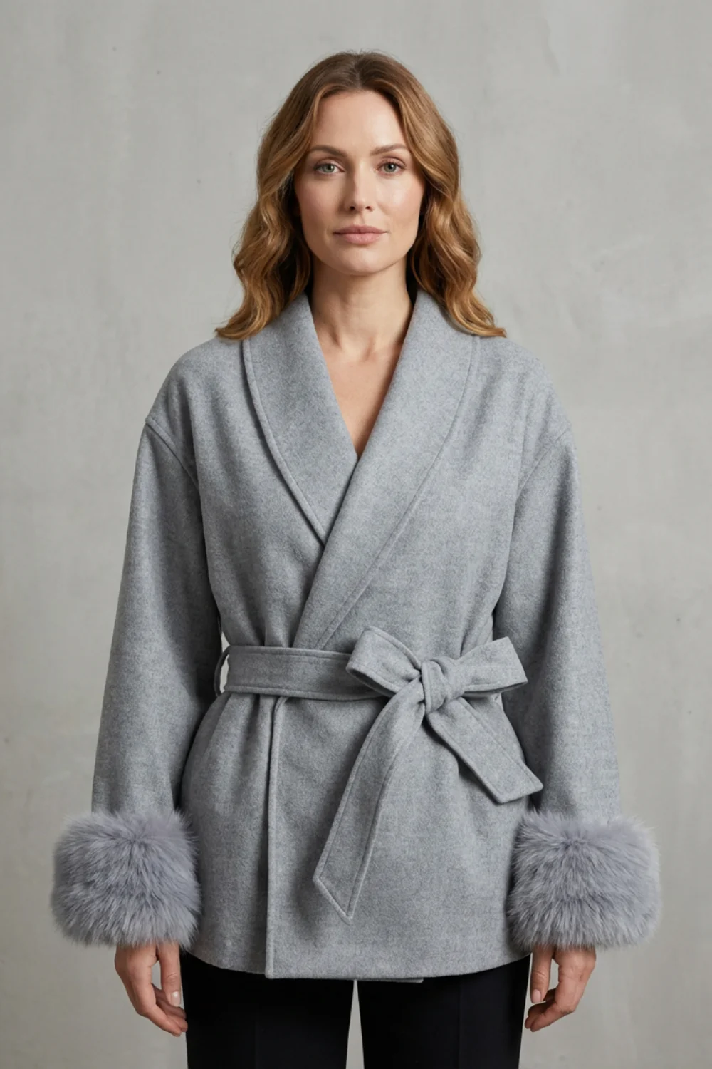 Elodie – Luxe Woolen Coat with Faux Fur Cuffs & Belted Wrap Design - Image 2