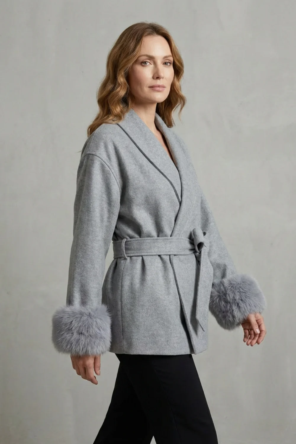 Elodie – Luxe Woolen Coat with Faux Fur Cuffs & Belted Wrap Design - Image 3
