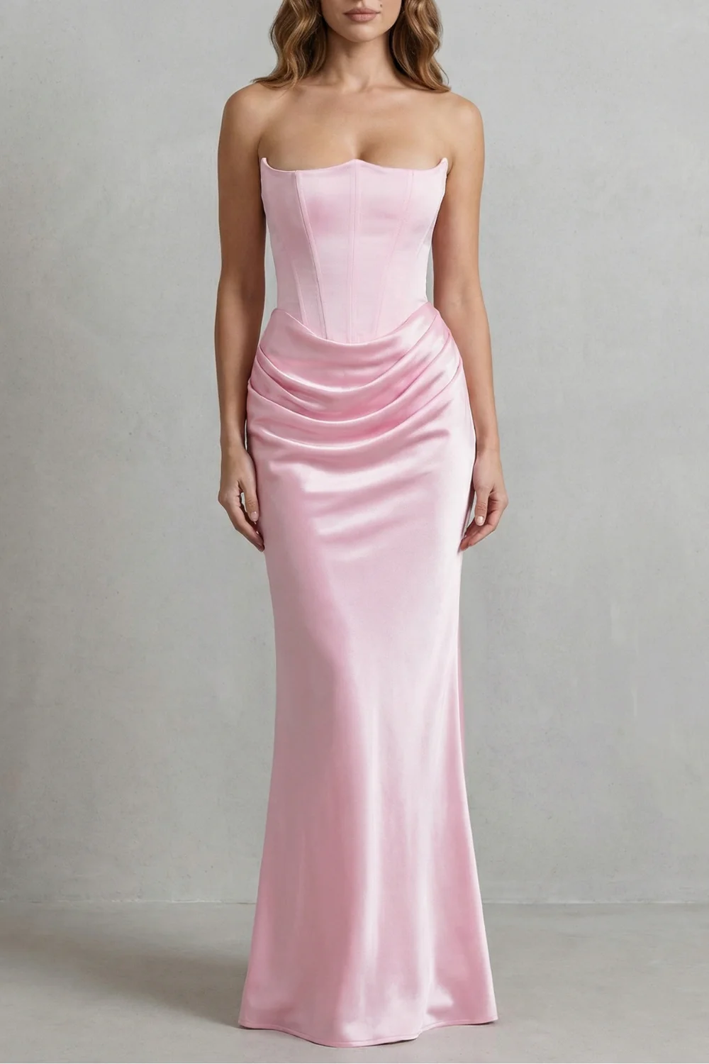 Evelisse – Sculpted satin drape – Strapless corset maxi dress