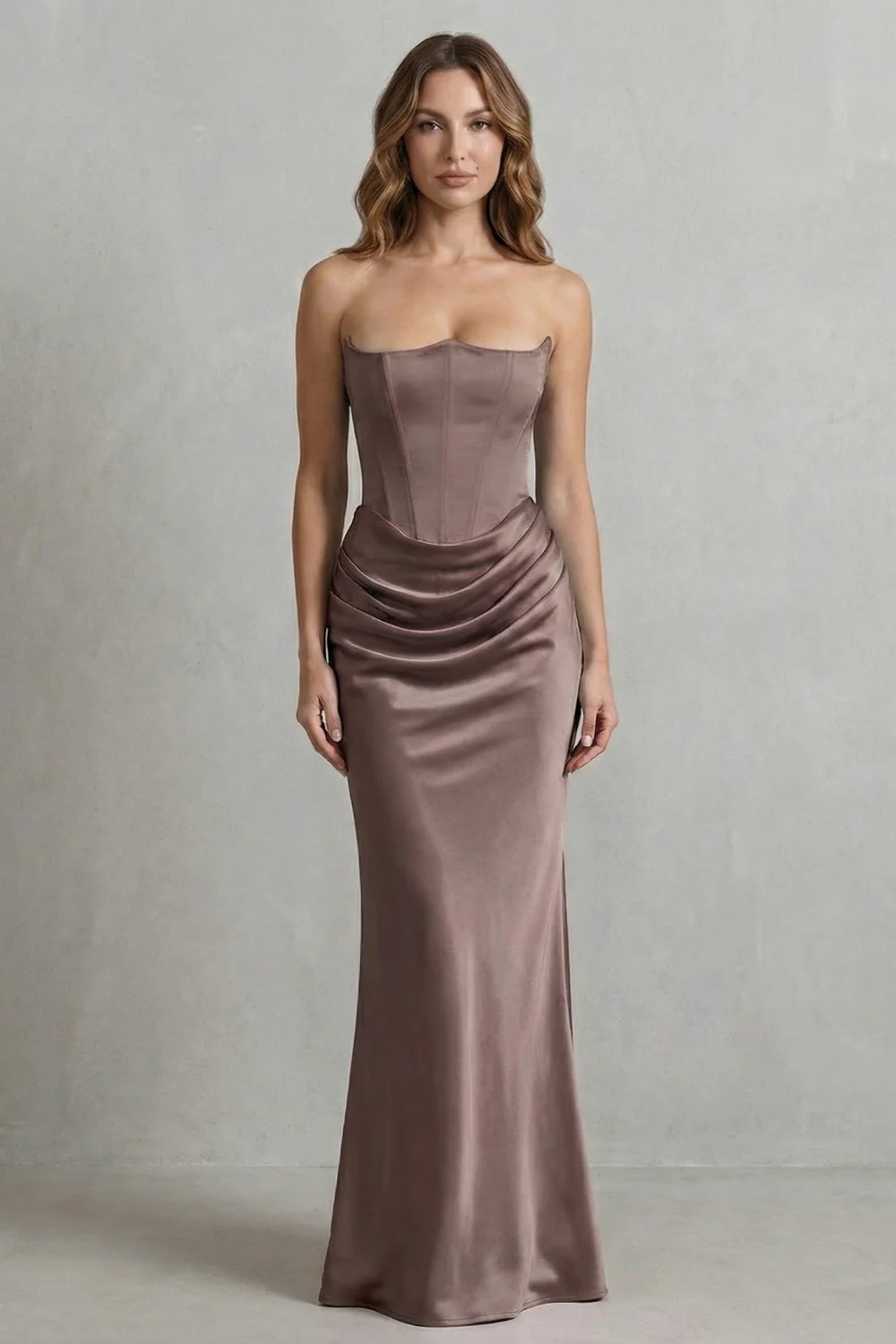 Evelisse – Sculpted satin drape – Strapless corset maxi dress - Image 10