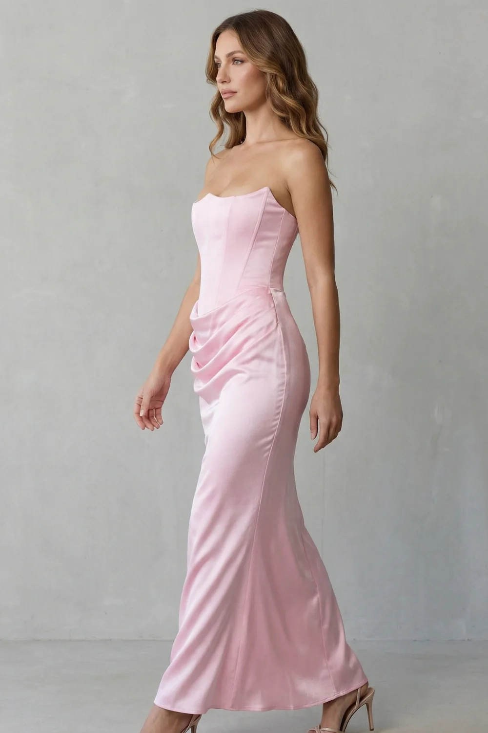 Evelisse – Sculpted satin drape – Strapless corset maxi dress - Image 3