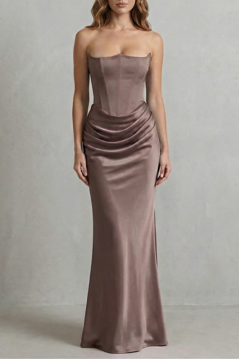 Evelisse – Sculpted satin drape – Strapless corset maxi dress - Image 9