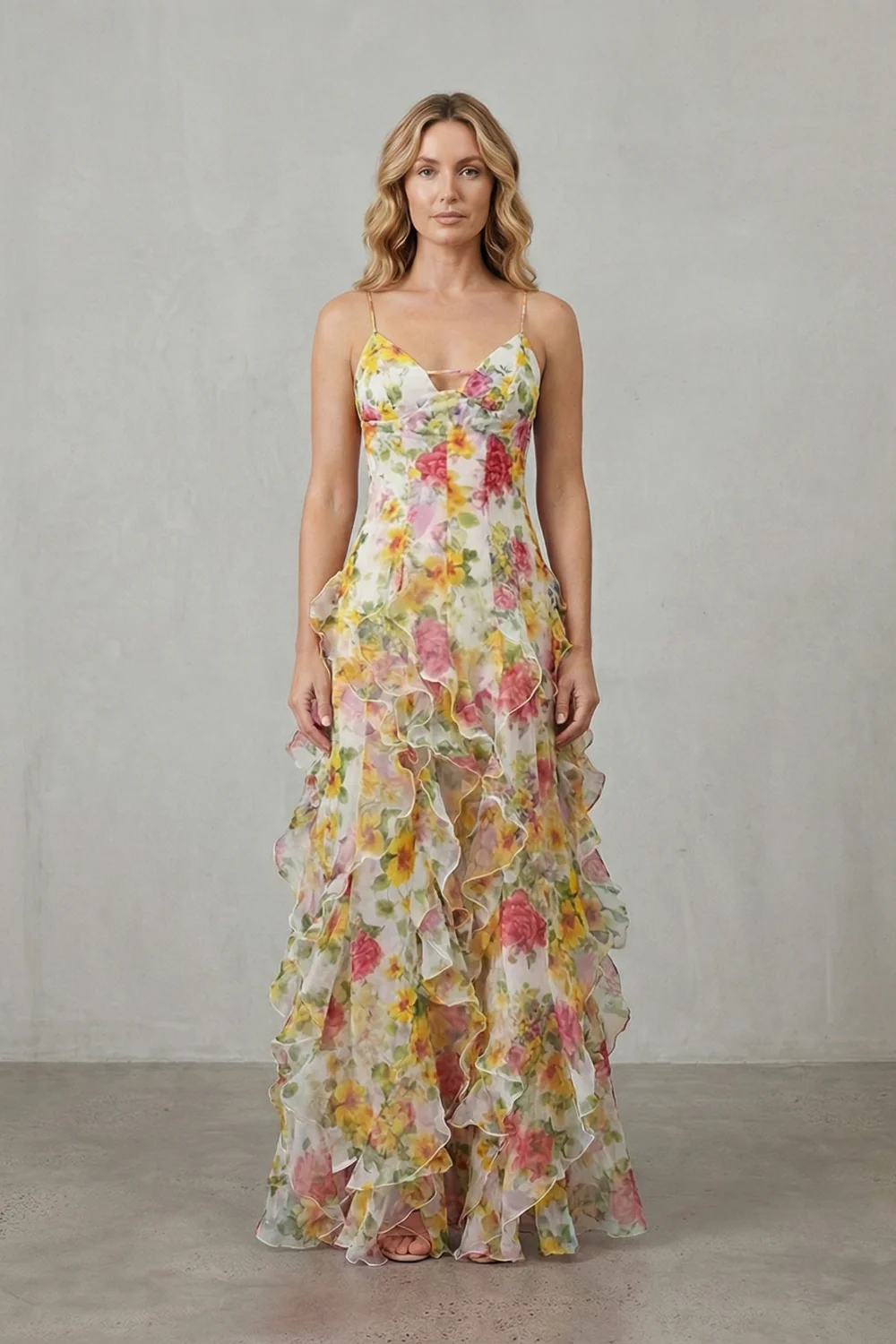 Fiorella – Watercolour bloom flow – Ruffled chiffon maxi dress - Image 6