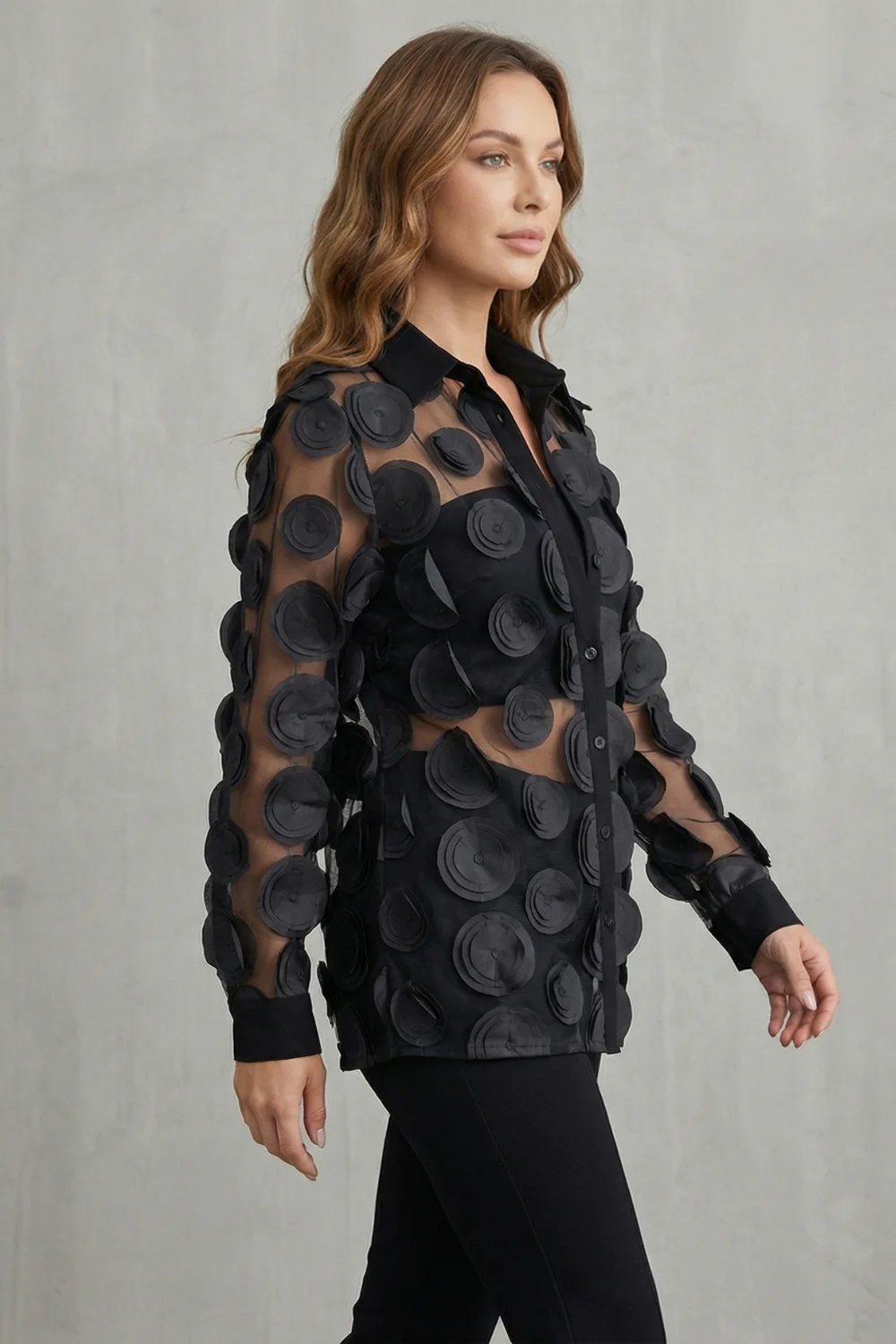 Floréline – Sheer floral appliqué design – Mesh blouse - Image 3