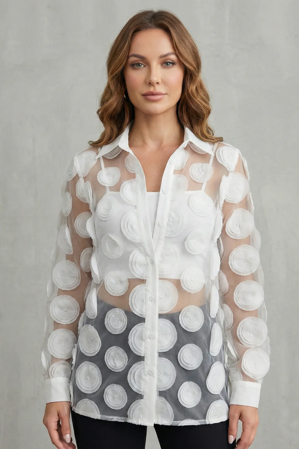 Floréline – Sheer floral appliqué design – Mesh blouse - Image 6