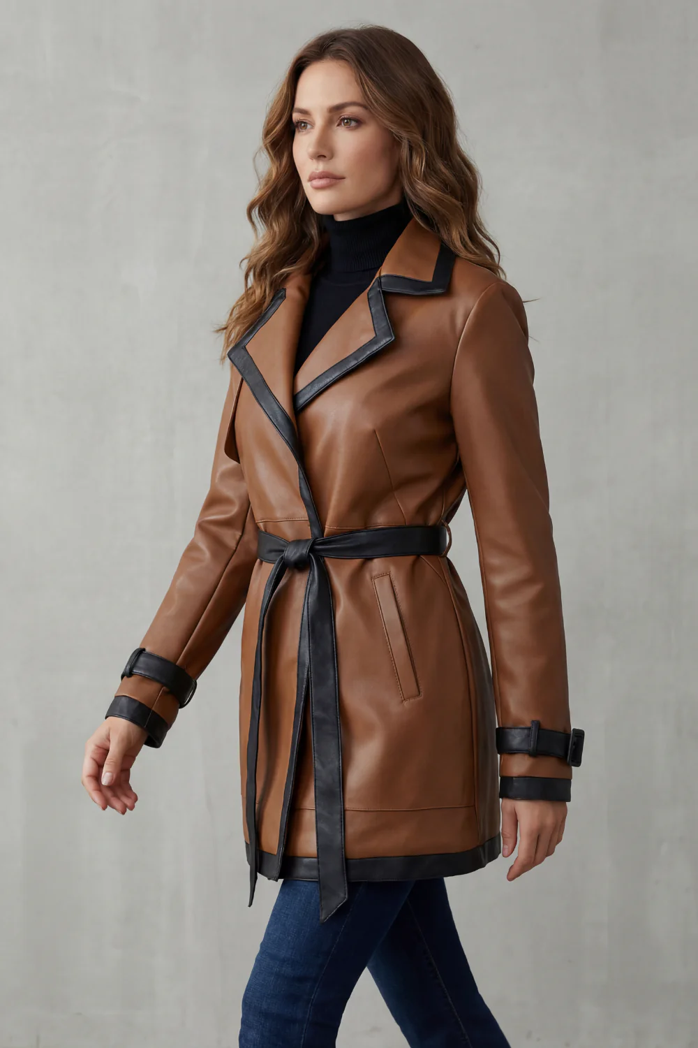 Mirella – Contrast trim wrap – Belted faux leather trench coat - Image 3