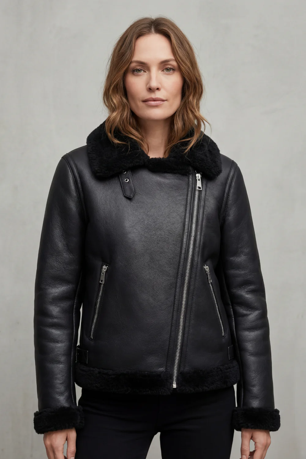 Noirellé – Asymmetric zip – Shearling biker jacket - Image 2