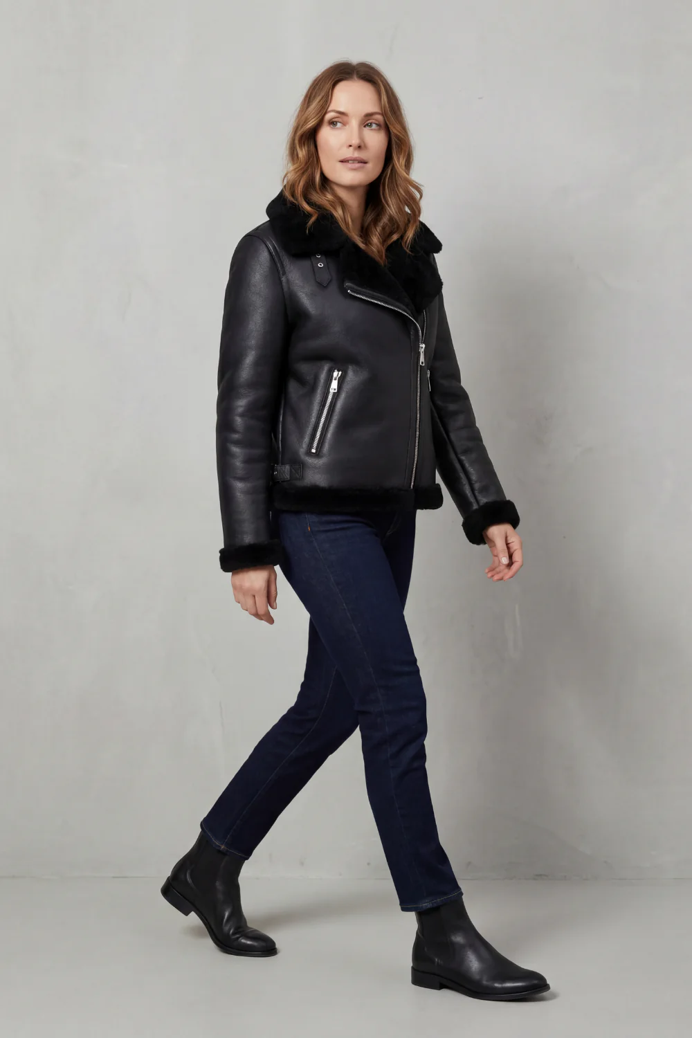 Noirellé – Asymmetric zip – Shearling biker jacket - Image 3