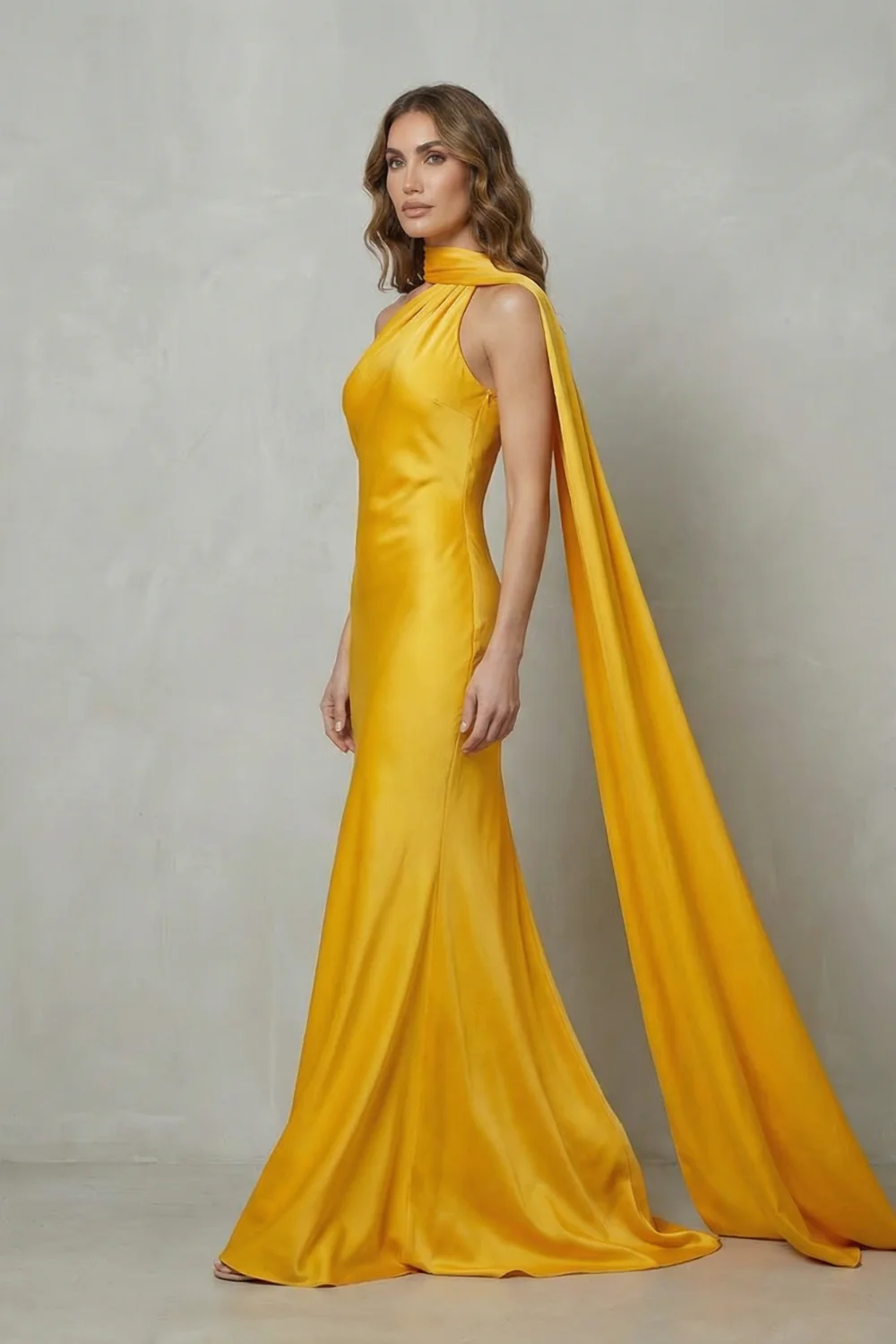 Orlianne – Draped neckline cascade – Satin mermaid gown - Image 3