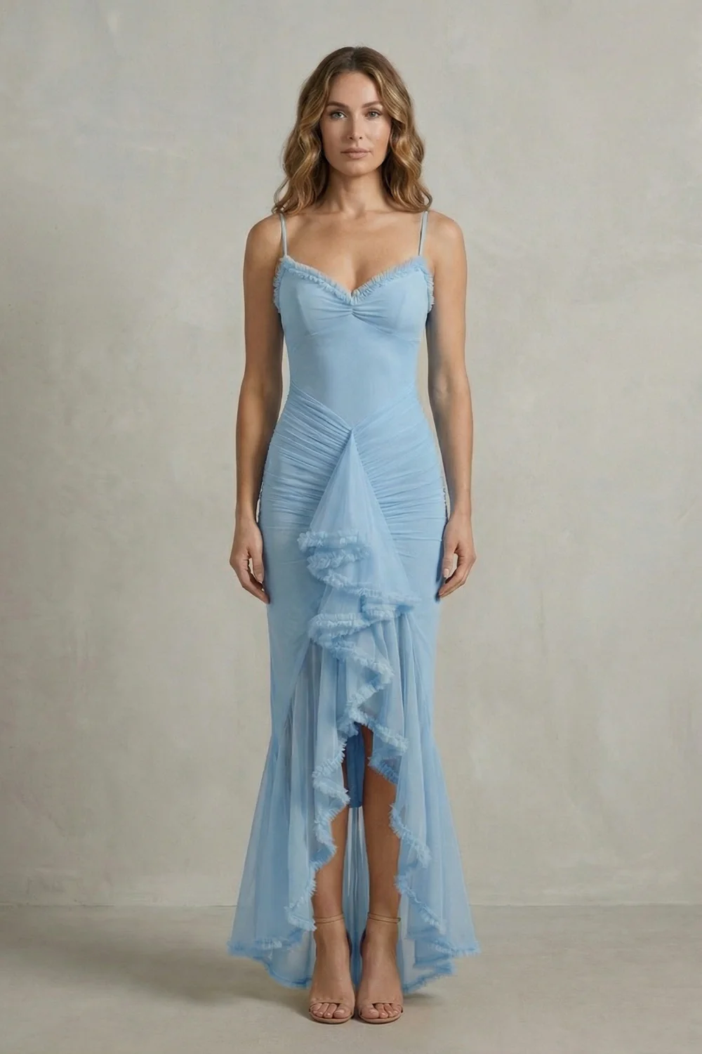 Phoebe – Feminine ruffle allure – Sleeveless high low maxi dress - Image 10