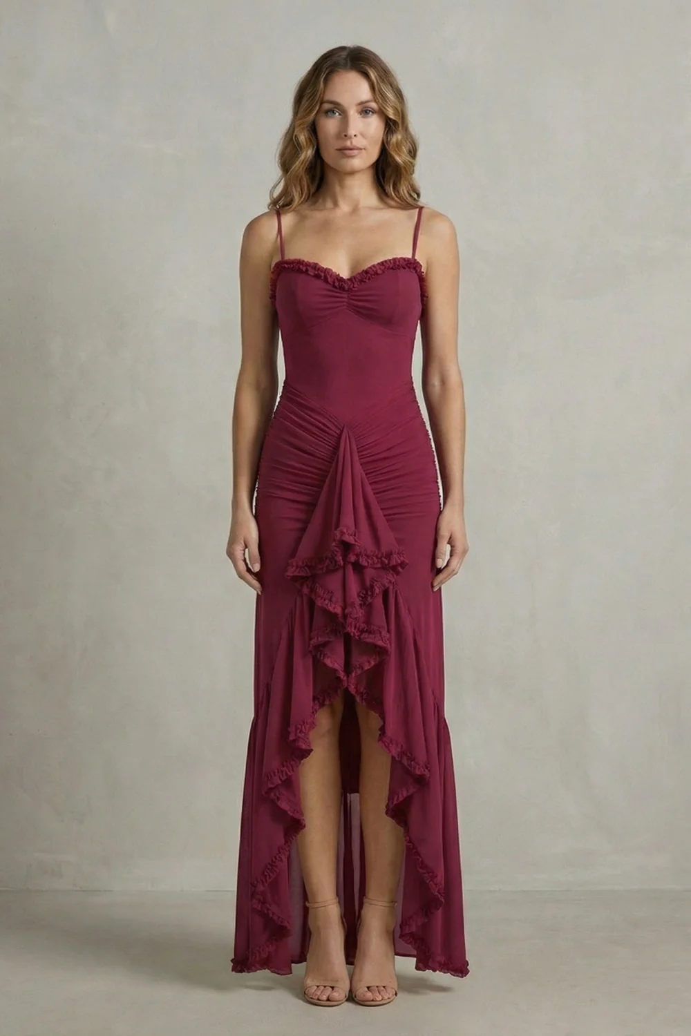 Phoebe – Feminine ruffle allure – Sleeveless high low maxi dress - Image 12