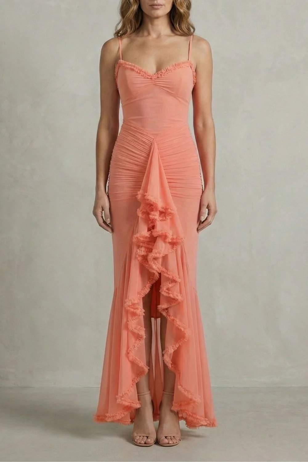 Phoebe – Feminine ruffle allure – Sleeveless high low maxi dress - Image 5