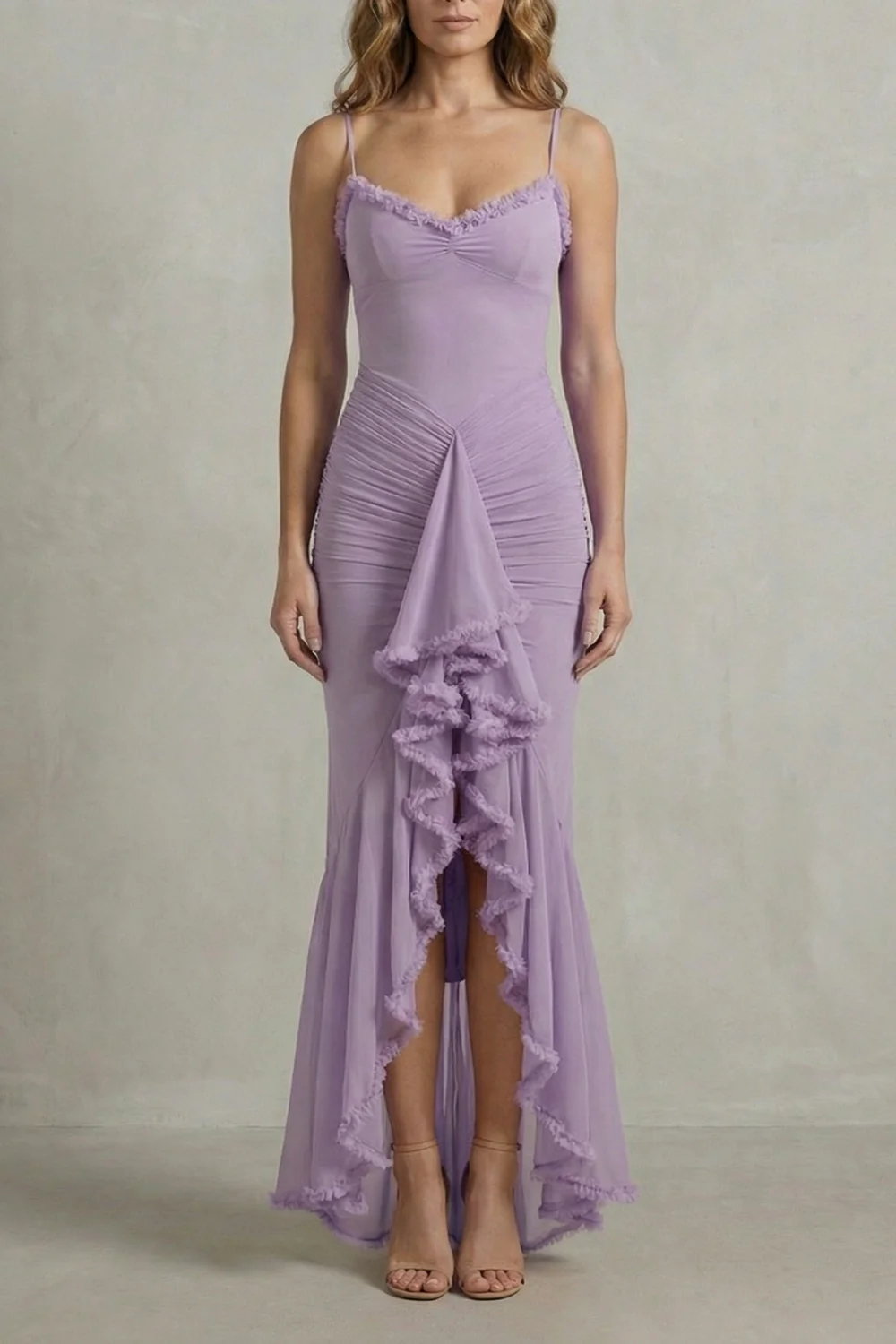 Phoebe – Feminine ruffle allure – Sleeveless high low maxi dress - Image 7