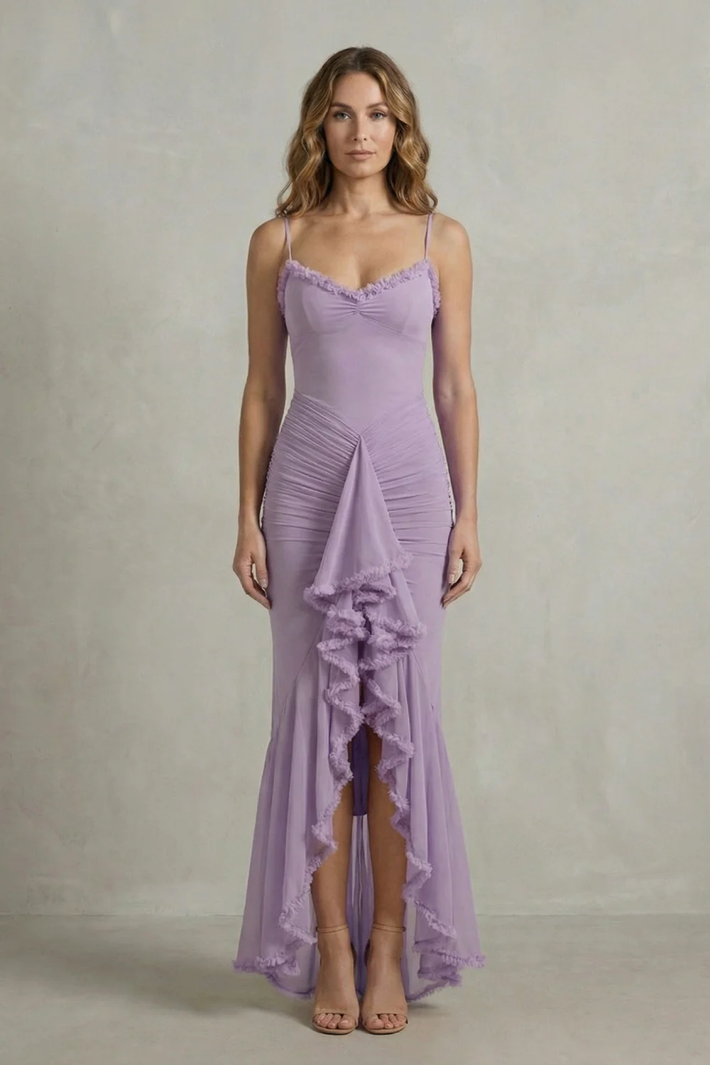 Phoebe – Feminine ruffle allure – Sleeveless high low maxi dress - Image 8