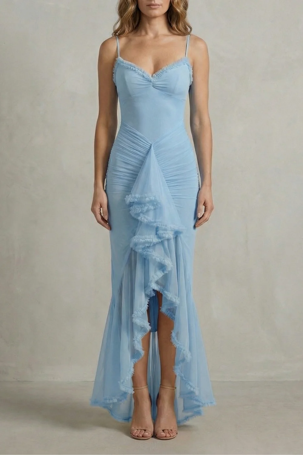 Phoebe – Feminine ruffle allure – Sleeveless high low maxi dress - Image 9