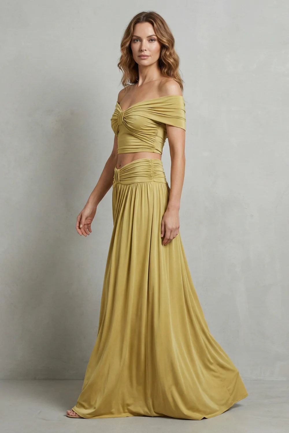 Ramona – Golden glow – Women’s Off-Shoulder Ruched Skirt Set - Image 3