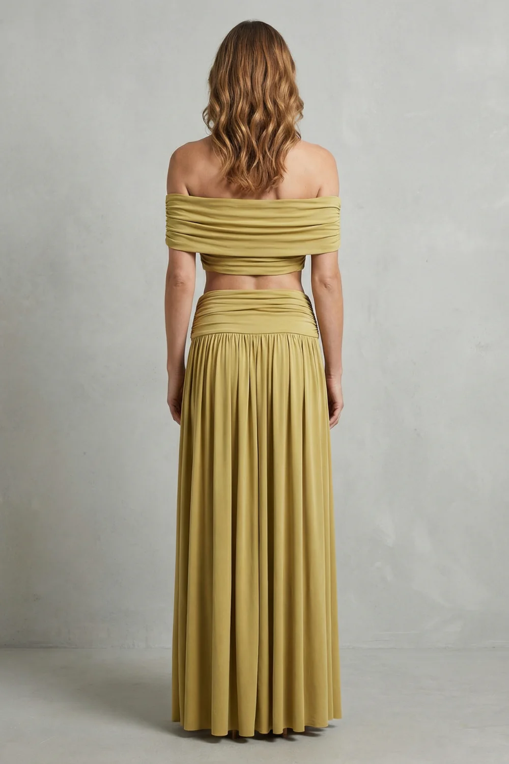 Ramona – Golden glow – Women’s Off-Shoulder Ruched Skirt Set - Image 4
