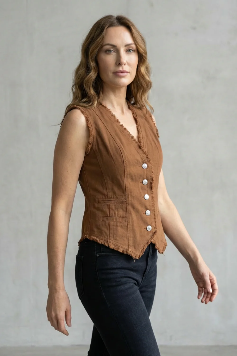 Ravelle – Distressed Button Denim Vest – Western-Inspired Statement Piece - Image 3