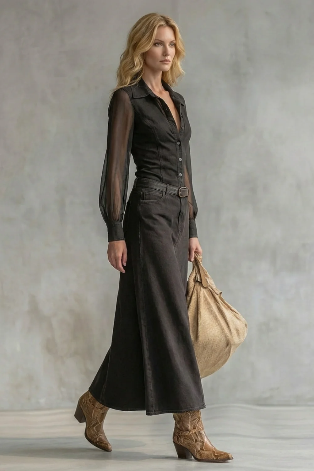 Savannah – Sheer Sleeve Denim Shirt Dress – Western-Chic Statement - Image 3