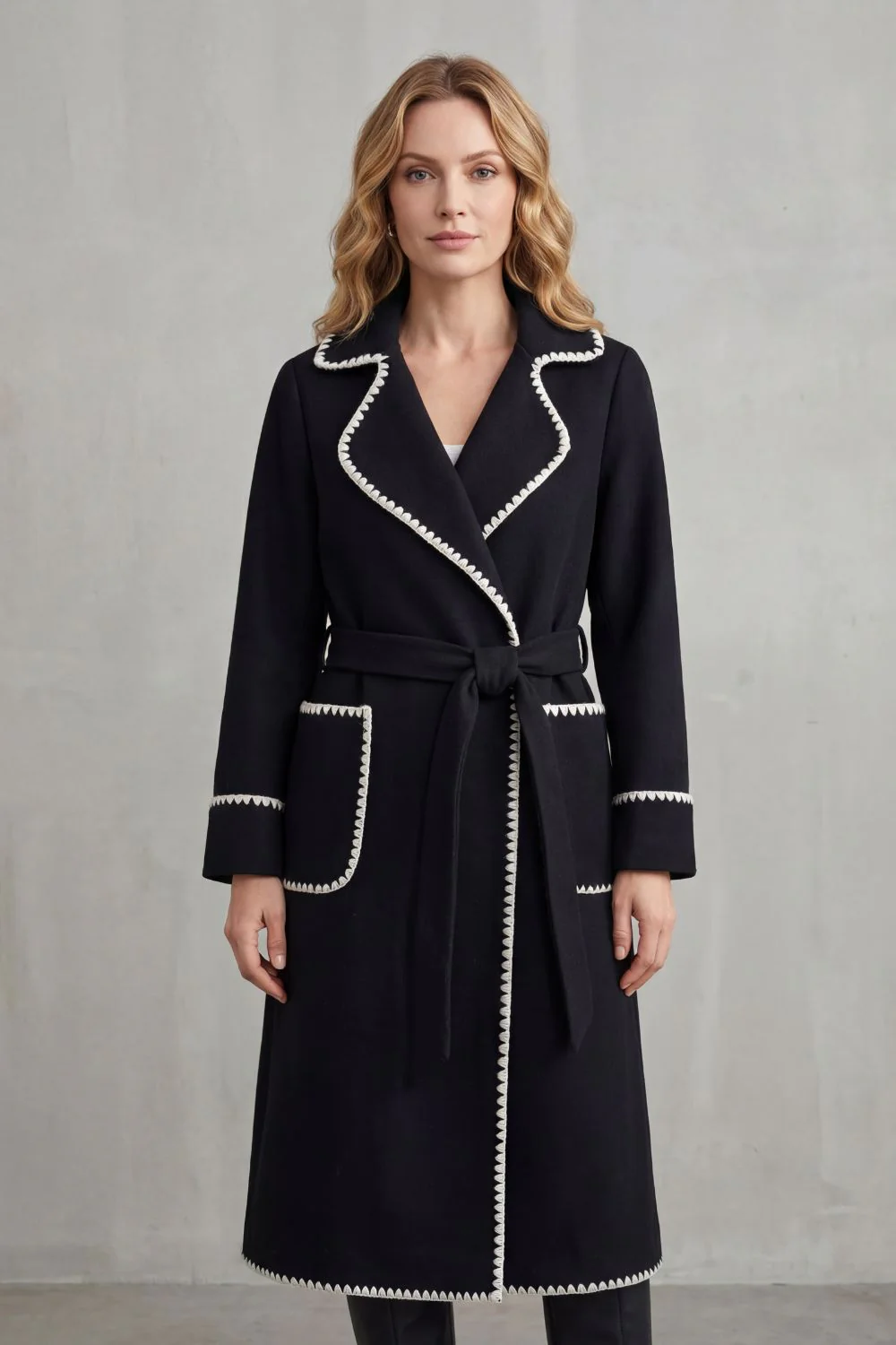 Serafelle – Contrast trim – Longline belted coat - Image 2