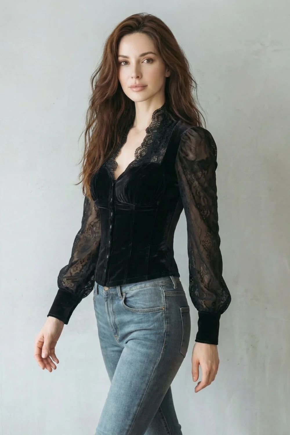 Serevine – Lace spliced elegance – Velvet fitted blouse - Image 3