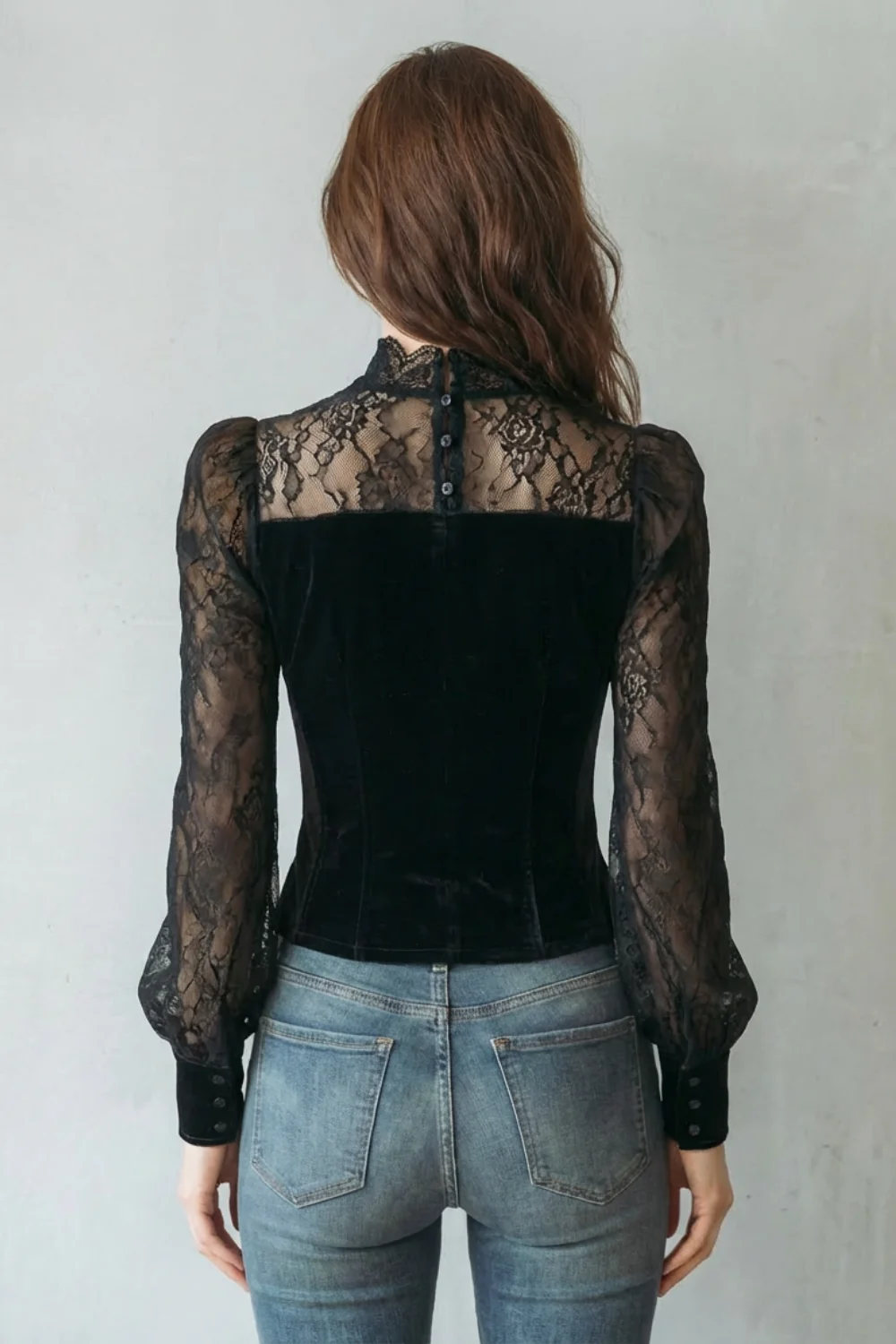 Serevine – Lace spliced elegance – Velvet fitted blouse - Image 4