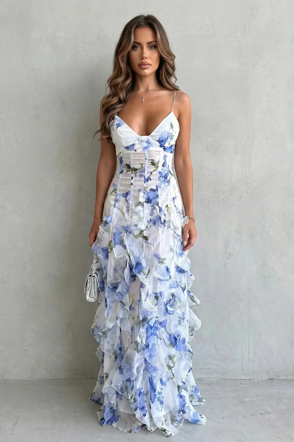 Sestina – Sheer floral cascade – Ruffled evening maxi dress - Image 2