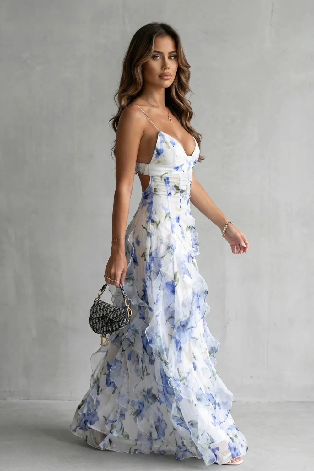 Sestina – Sheer floral cascade – Ruffled evening maxi dress - Image 4