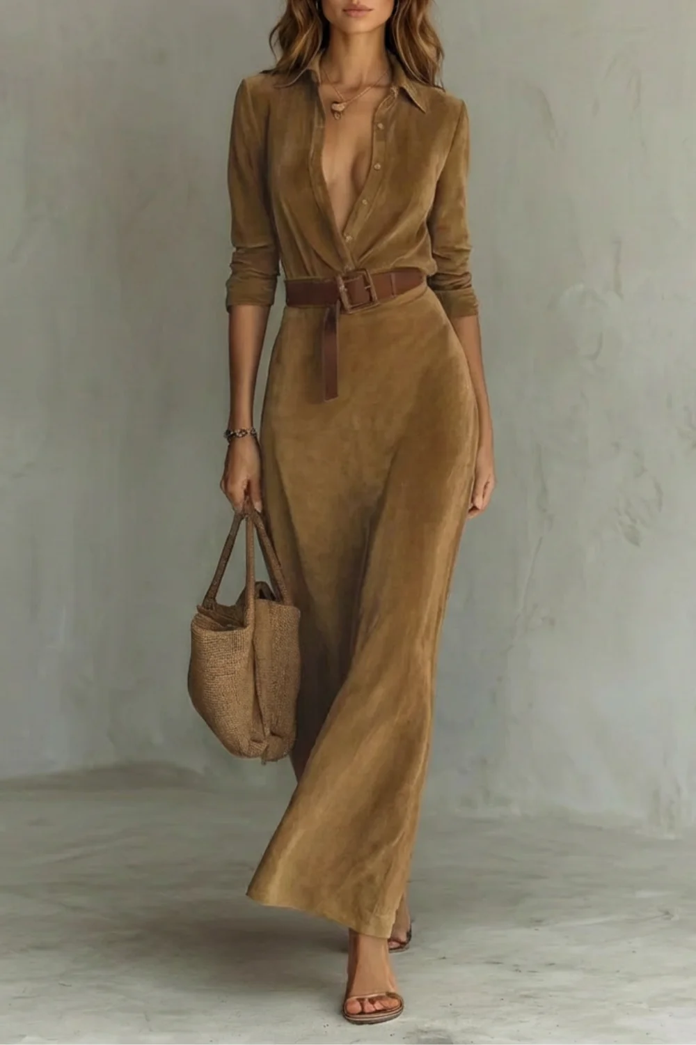Sienna – Elegant Pleated Belted Dress – Autumn Solid Color Long Shirt Dress - Image 5