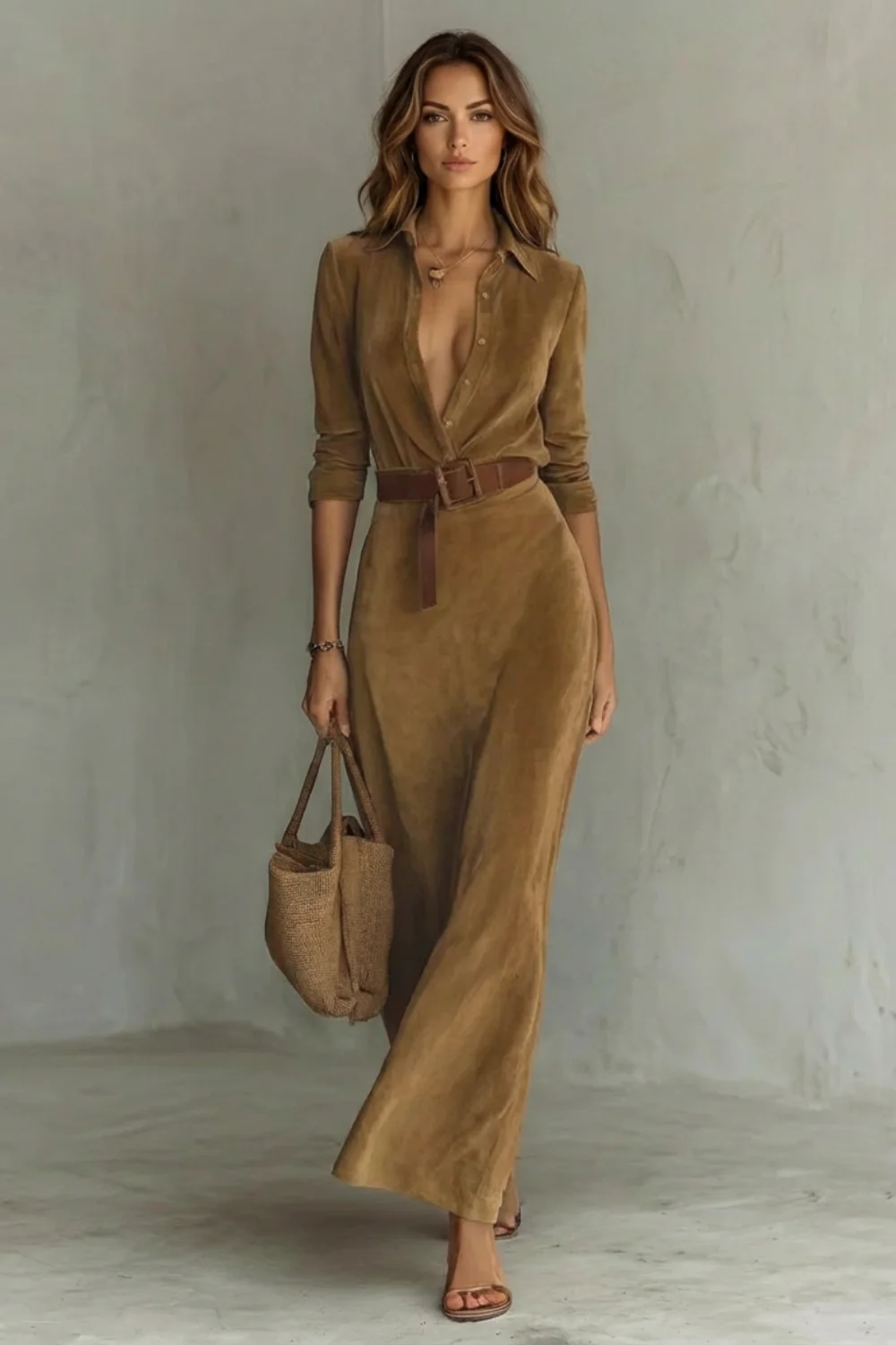 Sienna – Elegant Pleated Belted Dress – Autumn Solid Color Long Shirt Dress - Image 6
