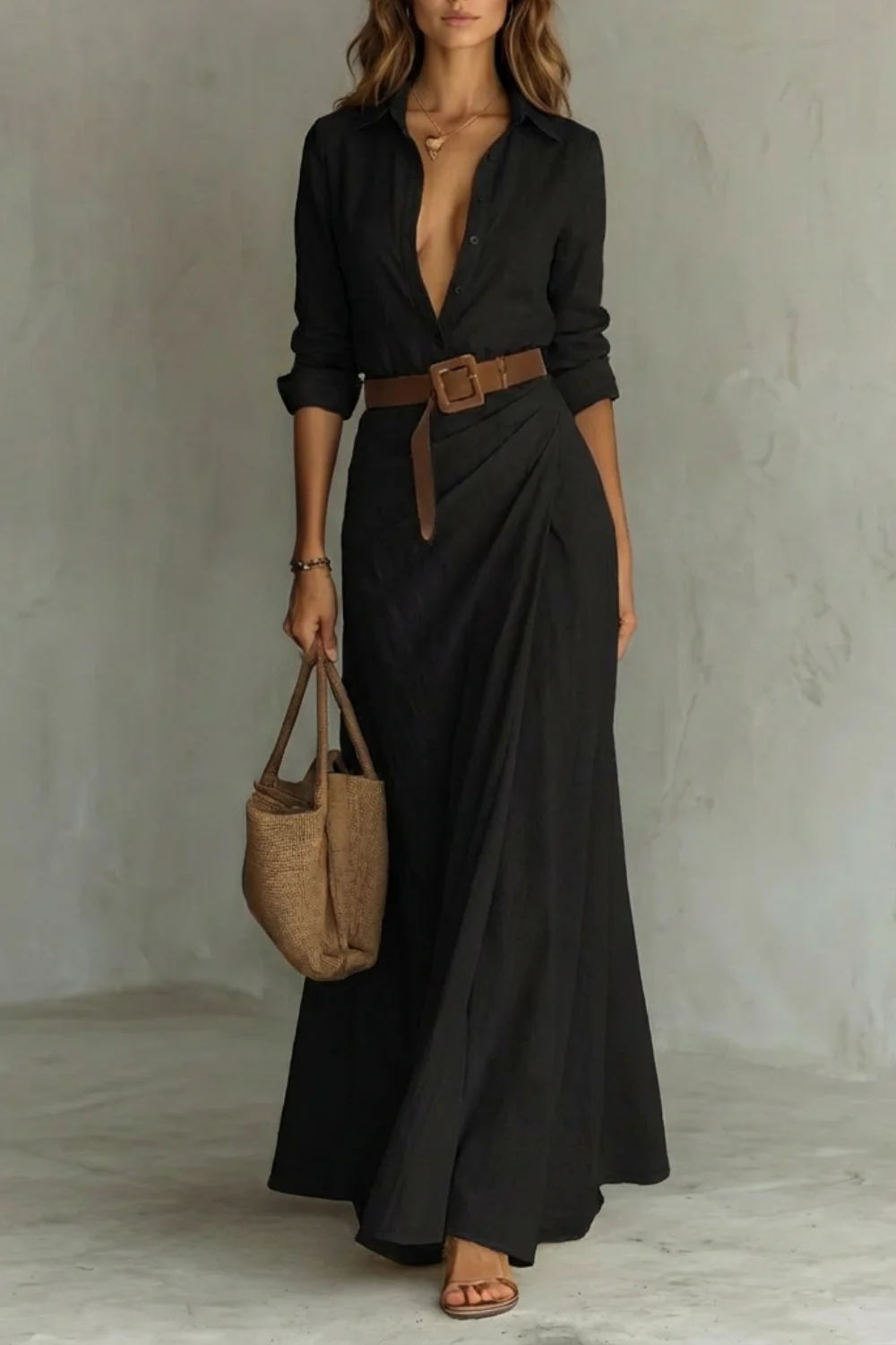 Sienna – Elegant Pleated Belted Dress – Autumn Solid Color Long Shirt Dress - Image 7