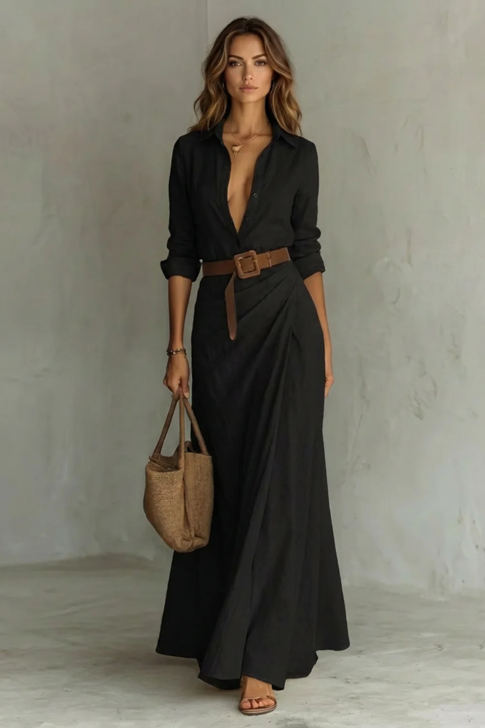 Sienna – Elegant Pleated Belted Dress – Autumn Solid Color Long Shirt Dress - Image 8