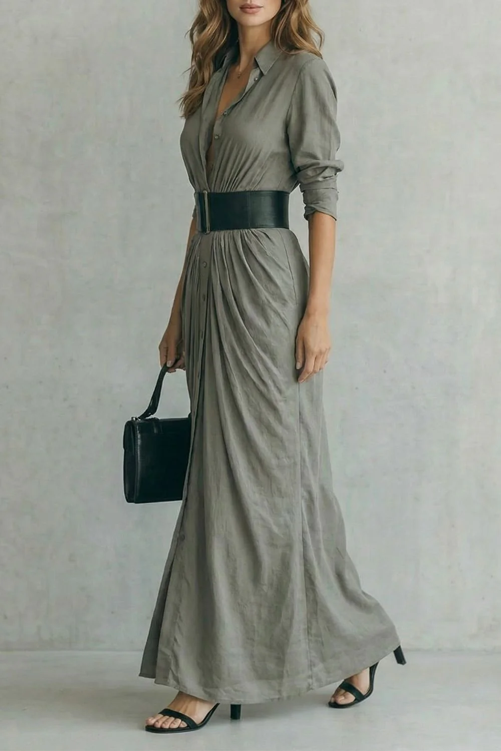 Solenzia – Pleated waist drama – Maxi shirt dress (includes belt) - Image 3